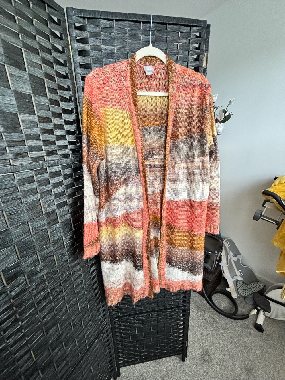 Chico's Open-Front Striped Cardigan in Coral, Mustard, Brown & Cream